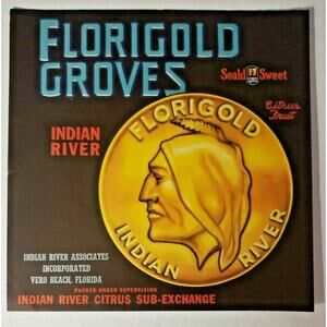 Vintage Florigold Indian Rivers 1940s Vero Beach, FL Orange Crate Label WS8D